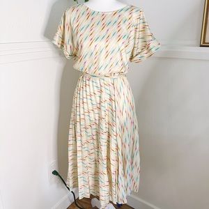 Vintage Cream Midi Dress with Multicolor Brushstroke Print
